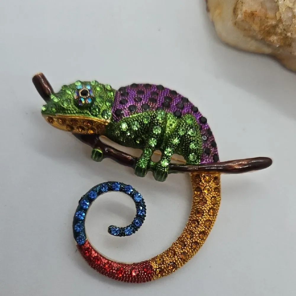 Colorful Chameleon Rhinestone Brooch Large Crystal Reptile Lizard Pin Statement